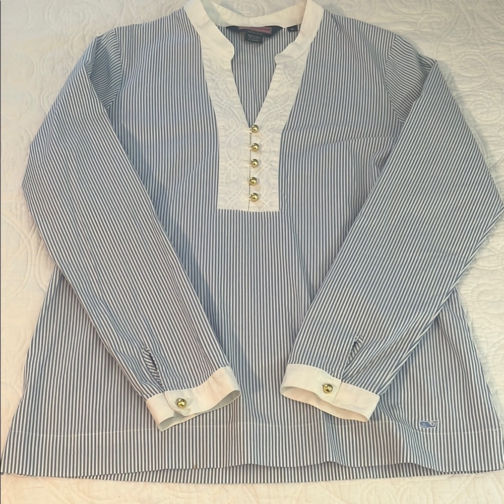 Vineyard Vines Navy and White Striped Button Down Shirt